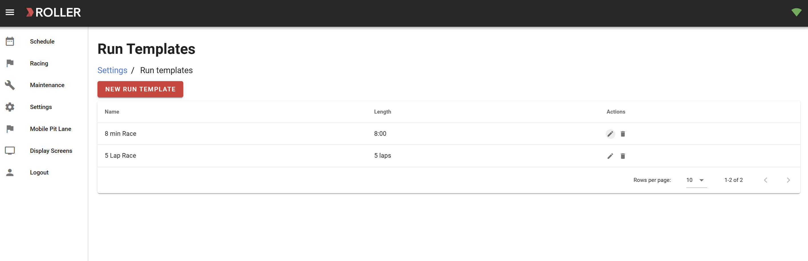 Run templates interface showing options for race lengths and actions available.